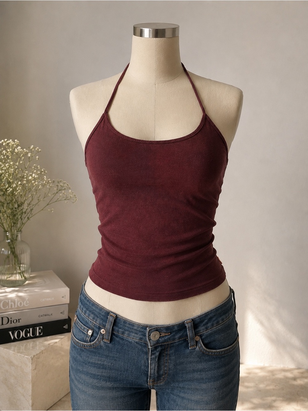 American Eagle Y2K Burgundy Halter Tank Top Size XL